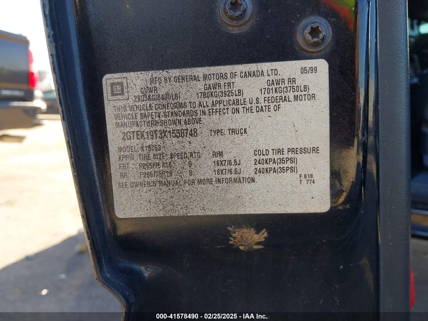 1999 GMC Sierra 1500 Sle VIN: 2GTEK19T3X1558748 Lot: 41578490