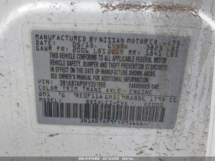 2015 Nissan Sentra S VIN: 3N1AB7AP9FY291666 Lot: 41578495