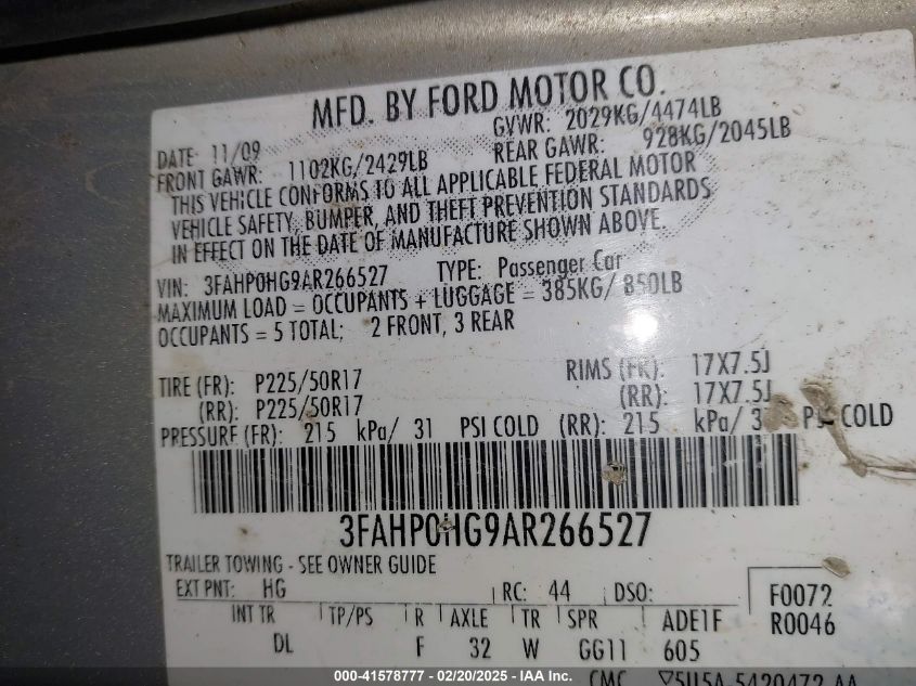 2010 Ford Fusion Se VIN: 3FAHP0HG9AR266527 Lot: 41578777