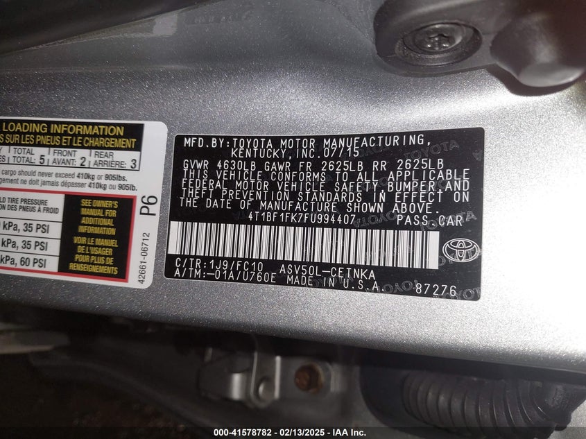 2015 TOYOTA CAMRY VIN: 4T1BF1FK7FU994407