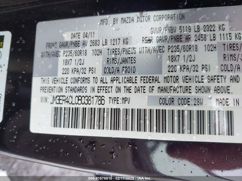 2011 Mazda Cx-7 S Touring VIN: JM3ER4CL0B0381786 Lot: 41578810