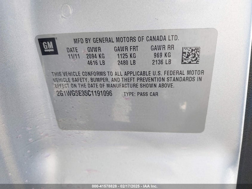 2012 CHEVROLET IMPALA VIN: 2G1WG5E35C1191096