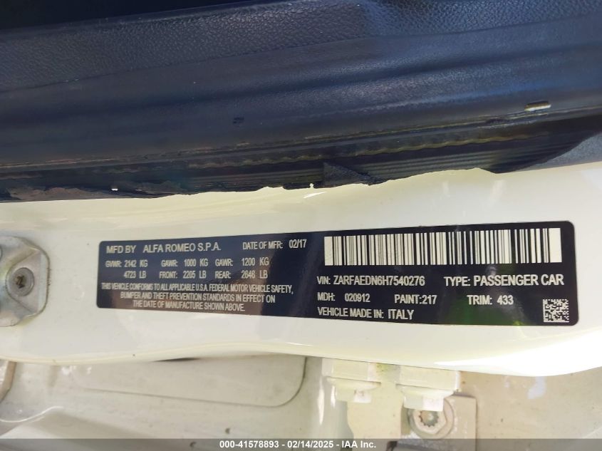 2017 Alfa Romeo Giulia VIN: ZARFAEDN6H7540276 Lot: 41578893