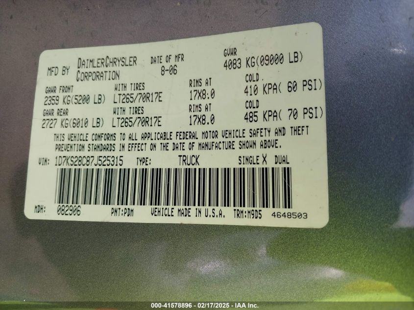 2007 Dodge Ram 2500 Slt/Trx4 Off Road/Sport/Power Wagon VIN: 1D7KS28C87J525315 Lot: 41578896