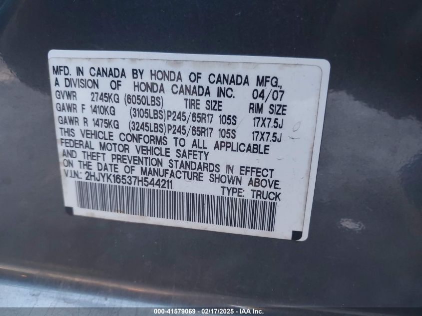 2007 Honda Ridgeline Rtl VIN: 2HJYK16537H544211 Lot: 41579069