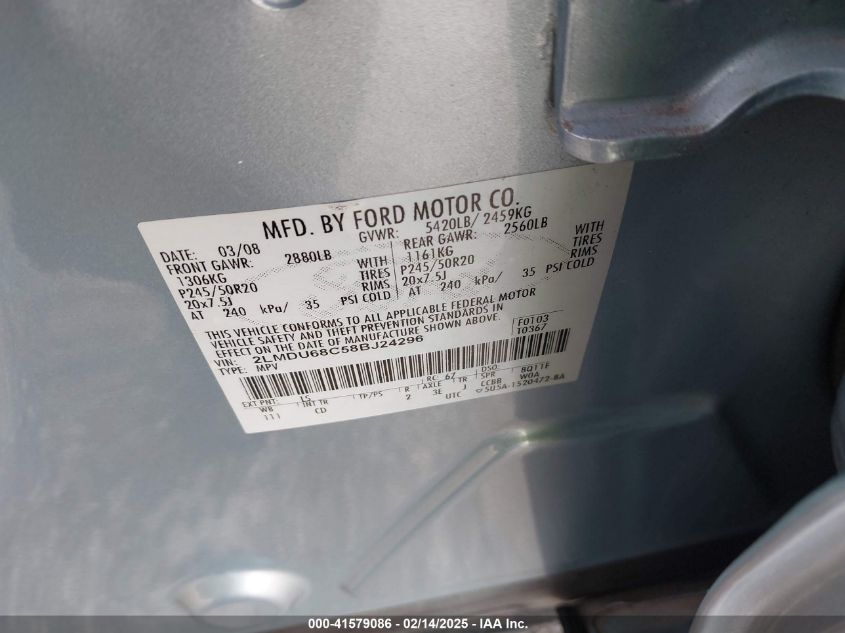 2008 Lincoln Mkx VIN: 2LMDU68C58BJ24296 Lot: 41579086