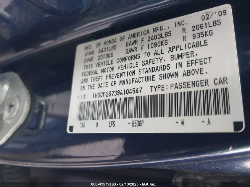 2009 HONDA ACCORD VIN: 1HGCP26739A104547