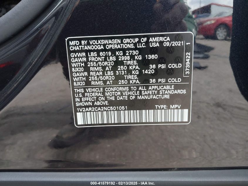 2022 Volkswagen Atlas 3.6L V6 Sel R-Line VIN: 1V2AR2CA2NC501051 Lot: 41579192