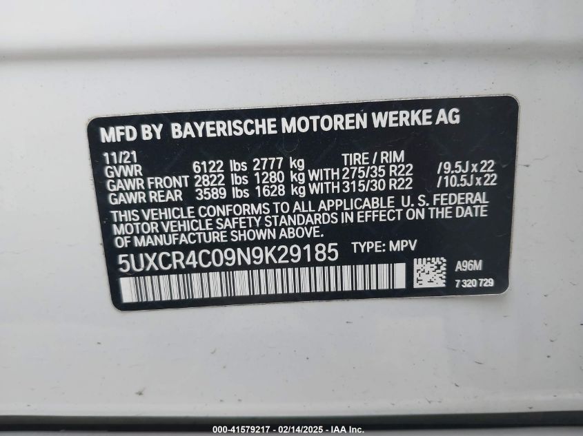 2022 BMW X5 Sdrive40I VIN: 5UXCR4C09N9K29185 Lot: 41579217