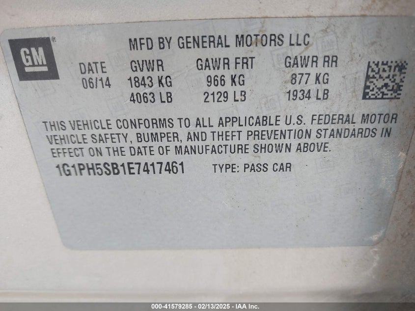2014 CHEVROLET CRUZE VIN: 1G1PH5SB1E7417461