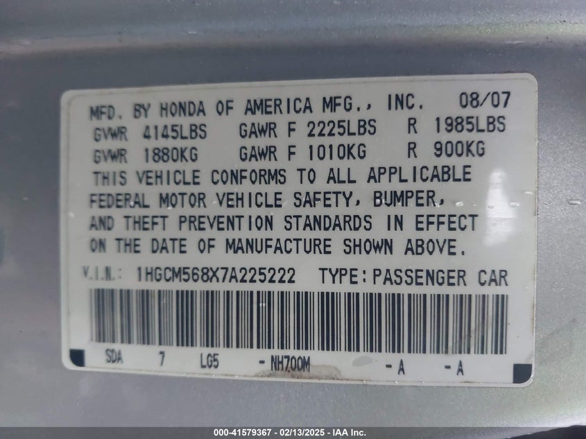 2007 HONDA ACCORD VIN: 1HGCM568X7A225222