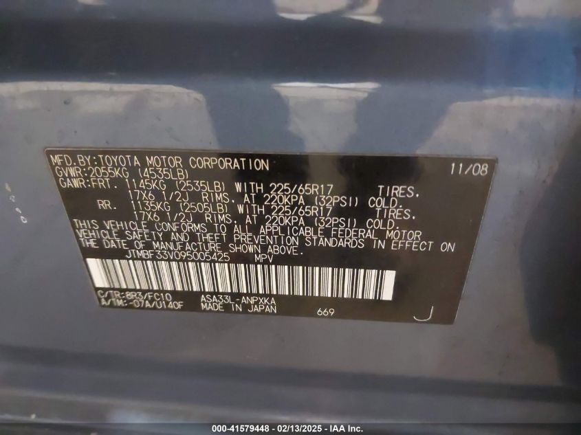 2009 Toyota Rav4 VIN: JTMBF33V095005425 Lot: 41579448