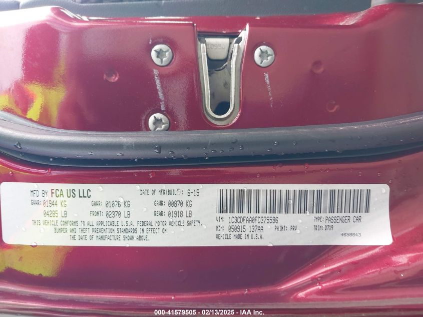 2015 Dodge Dart Se VIN: 1C3CDFAA0FD375596 Lot: 41579505