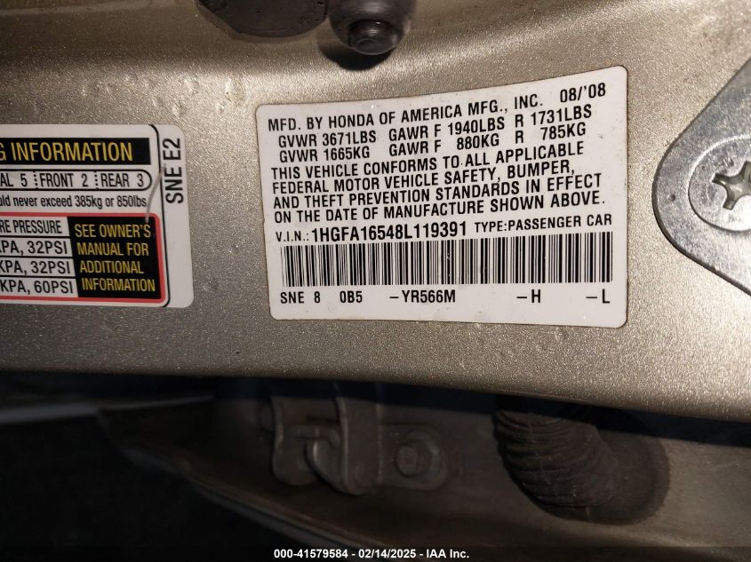 2008 Honda Civic Lx VIN: 1HGFA16548L119391 Lot: 41579584