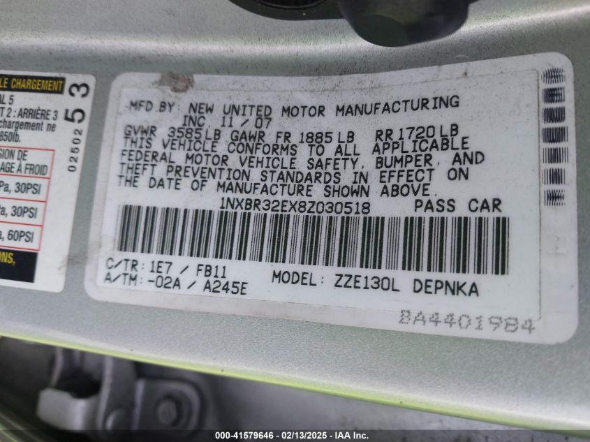 2008 Toyota Corolla Le VIN: 1NXBR32EX8Z030518 Lot: 41579646