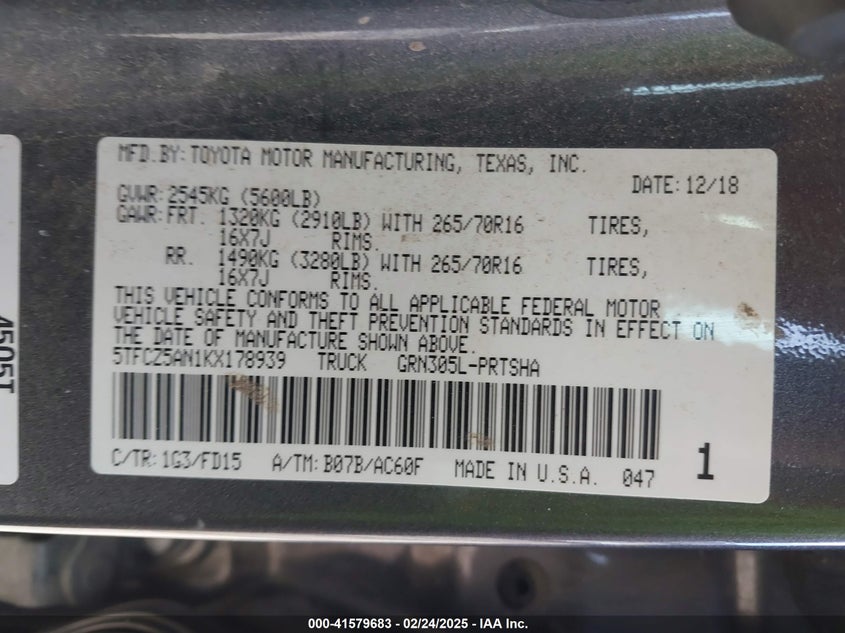 2019 TOYOTA TACOMA VIN: 5TFCZ5AN1KX178939