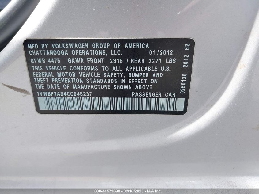 2012 Volkswagen Passat 2.5L Se VIN: 1VWBP7A34CC045237 Lot: 41579690