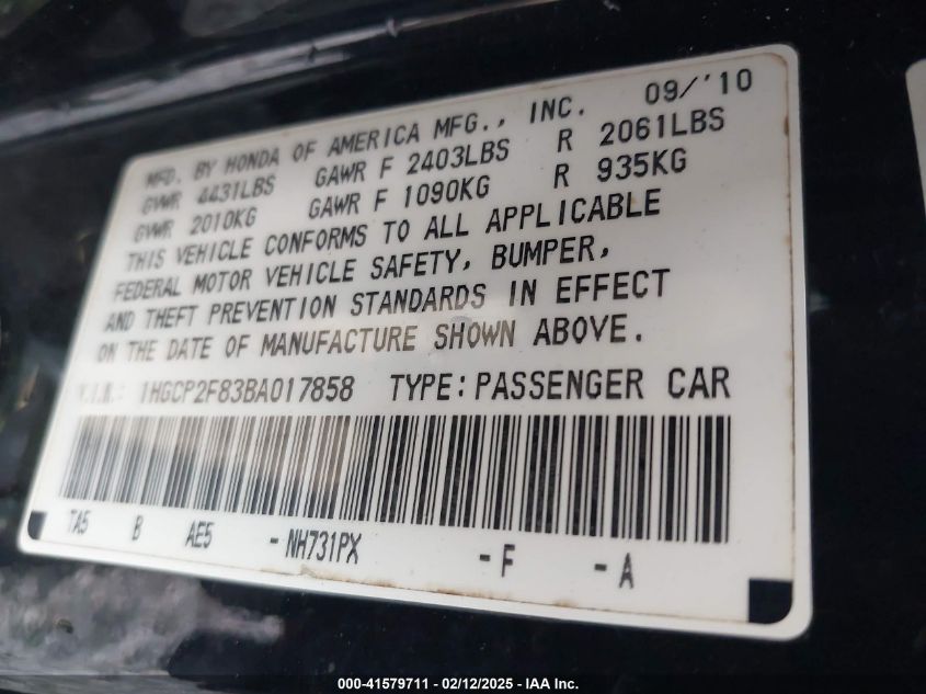 2011 Honda Accord 2.4 Ex-L VIN: 1HGCP2F83BA017858 Lot: 41579711