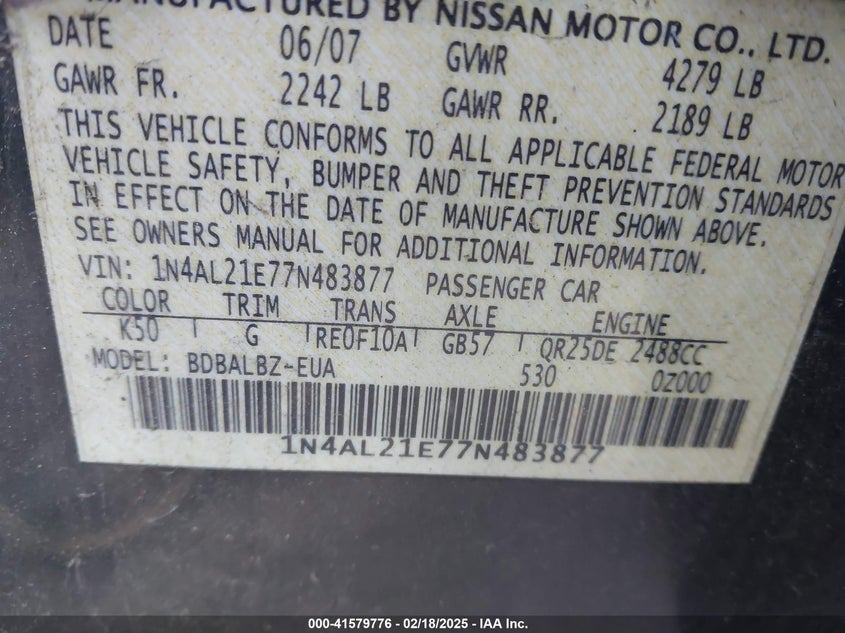 2007 NISSAN ALTIMA VIN: 1N4AL21E77N483877