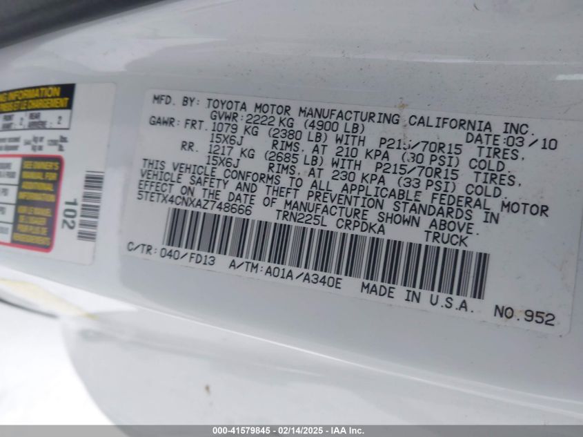 2010 Toyota Tacoma VIN: 5TETX4CNXAZ74866 Lot: 41579845