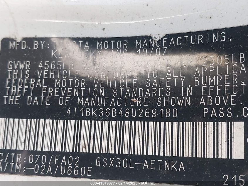 2008 Toyota Avalon Xl VIN: 4T1BK36B48U269180 Lot: 41579877