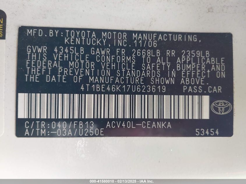 2007 Toyota Camry Ce VIN: 4T1BE46K17U623619 Lot: 41580010