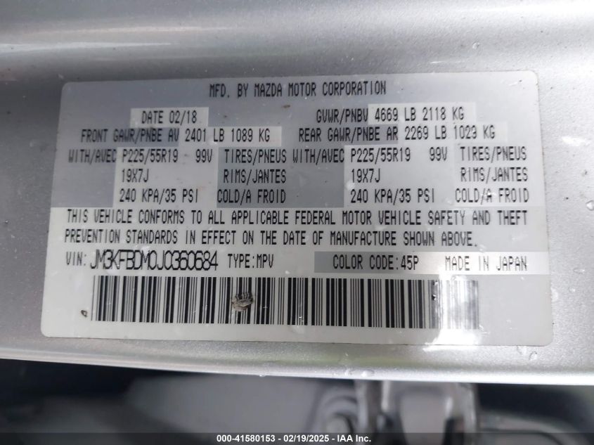 2018 Mazda Cx-5 Grand Touring VIN: JM3KFBDM0J0360684 Lot: 41580153