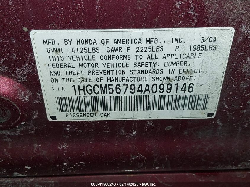 2004 Honda Accord 2.4 Ex VIN: 1HGCM56794A099146 Lot: 41580243