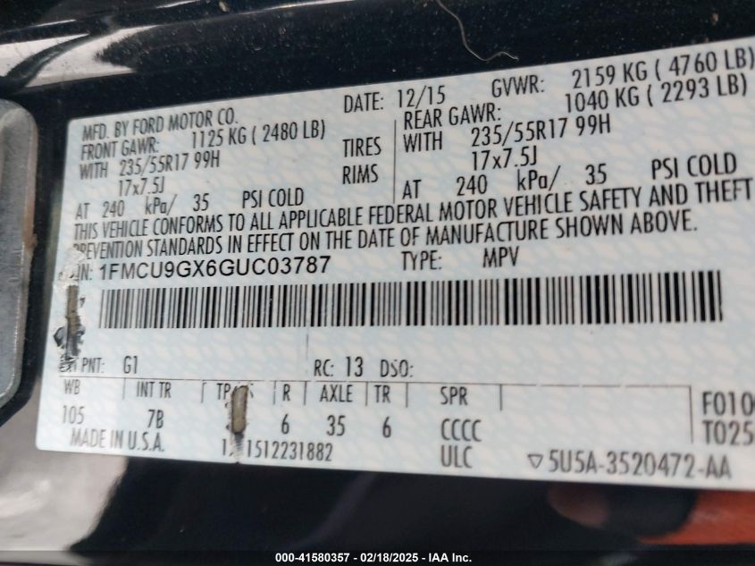 2016 Ford Escape Se VIN: 1FMCU9GX6GUC03787 Lot: 41580357