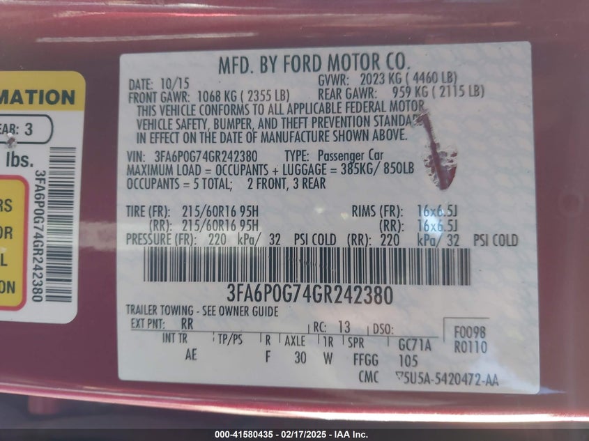 2016 FORD FUSION VIN: 3FA6P0G74GR242380