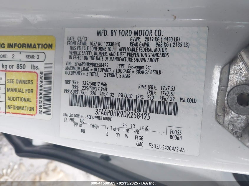 2013 FORD FUSION VIN: 3FA6P0HR9DR258425