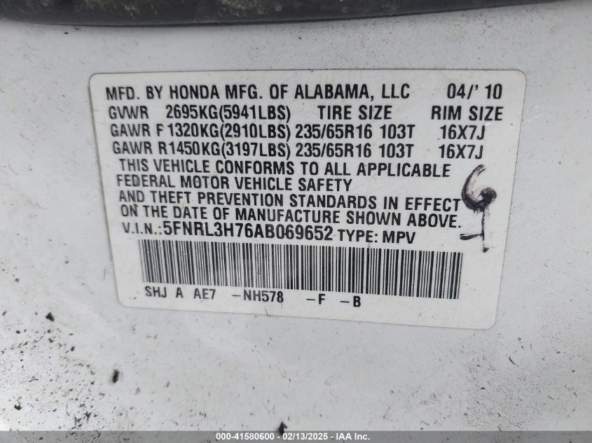 2010 Honda Odyssey Ex-L VIN: 5FNRL3H76AB069652 Lot: 41580600