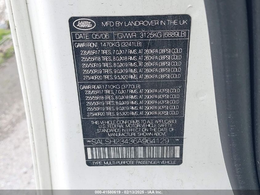 2006 Land Rover Range Rover Sport Supercharged VIN: SALSH23436A964129 Lot: 41580619