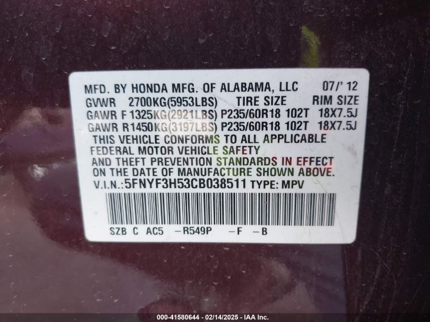 2012 Honda Pilot Ex-L VIN: 5FNYF3H53CB038511 Lot: 41580644