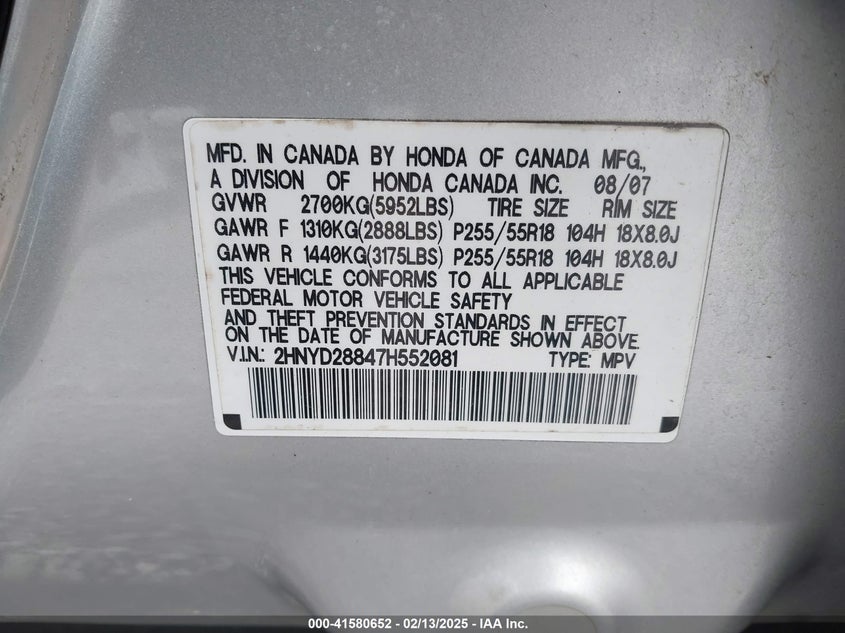 2007 Acura Mdx Sport Package VIN: 2HNYD28847H552081 Lot: 41580652