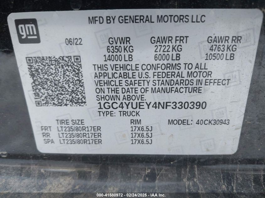 2022 Chevrolet Silverado 3500Hd 4Wd Long Bed Ltz VIN: 1GC4YUEY3NF202562 Lot: 41580972