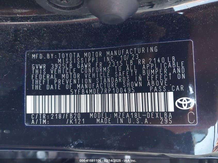 2024 TOYOTA COROLLA VIN: 5YFB4MDE7RP100495
