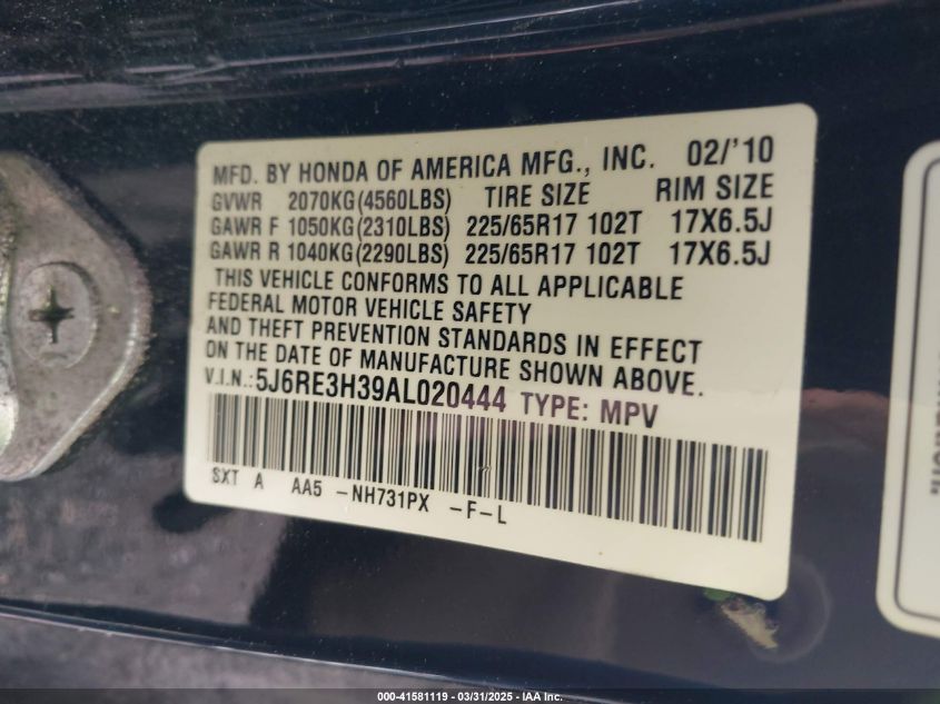 2010 Honda Cr-V Lx VIN: 5J6RE3H39AL020444 Lot: 41581119