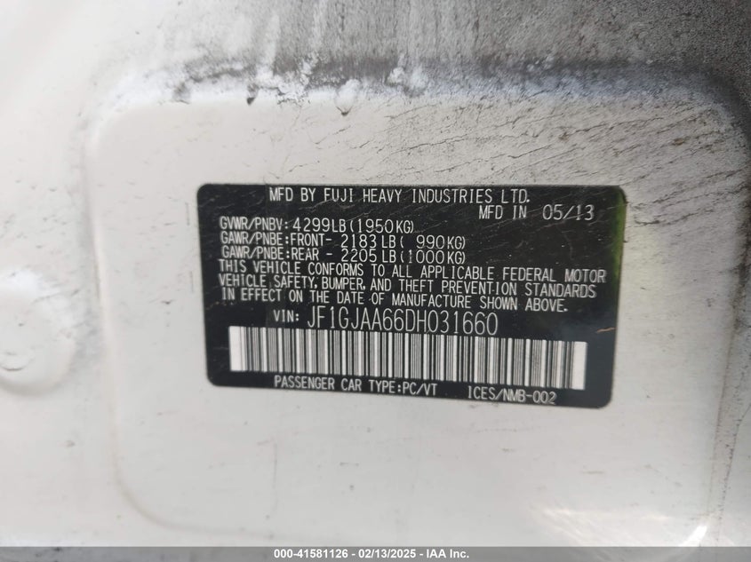 2013 SUBARU IMPREZA VIN: JF1GJAA66DH031660