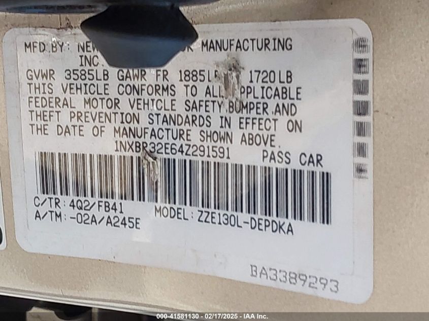 2004 Toyota Corolla Ce VIN: 1NXBR32E64Z291591 Lot: 41581130