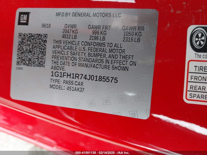 2018 CHEVROLET CAMARO VIN: 1G1FH1R74J0185575