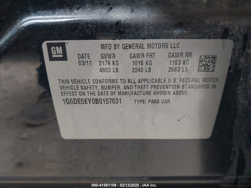 2011 CADILLAC CTS VIN: 1G6DE5EY0B0157631