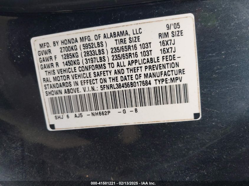 2006 Honda Odyssey Ex VIN: 5FNRL38456B017684 Lot: 41581221