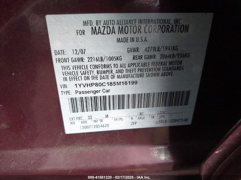 2008 Mazda Mazda6 I Sport Ve VIN: 1YVHP80C185M16199 Lot: 41581220