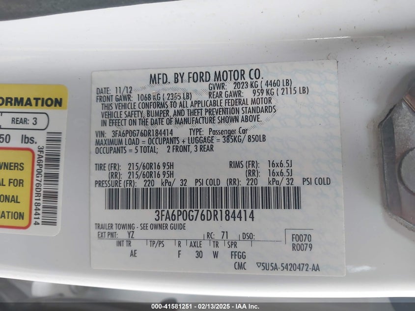 2013 FORD FUSION VIN: 3FA6P0G76DR184414