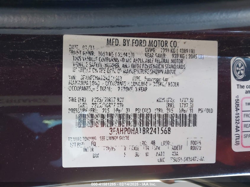 2011 FORD FUSION VIN: 3FAHP0HA1BR241568