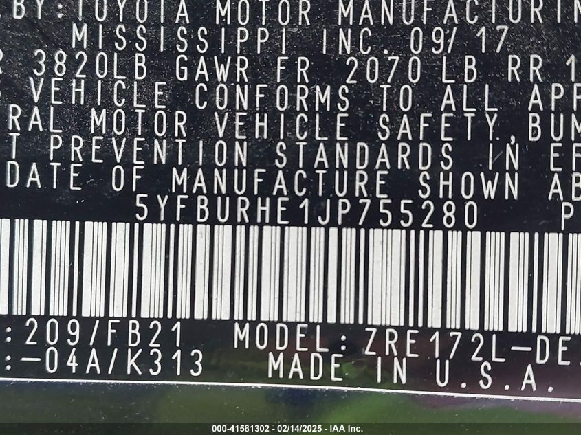 2018 Toyota Corolla Le VIN: 5YFBURHE1JP755280 Lot: 41581302