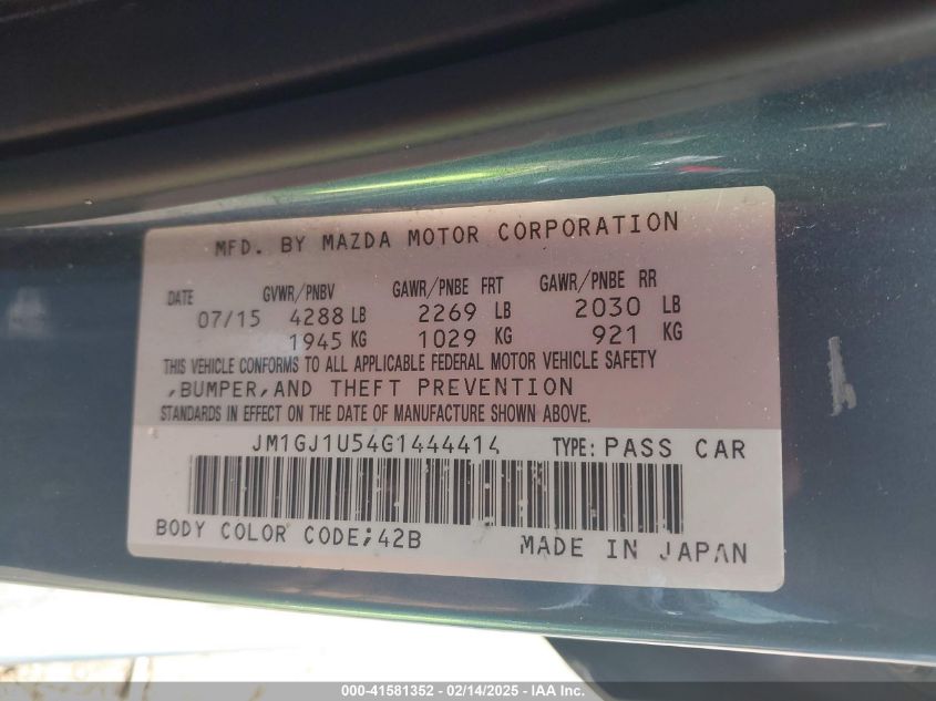 2016 Mazda Mazda6 I Sport VIN: JM1GJ1U54G1444414 Lot: 41581352