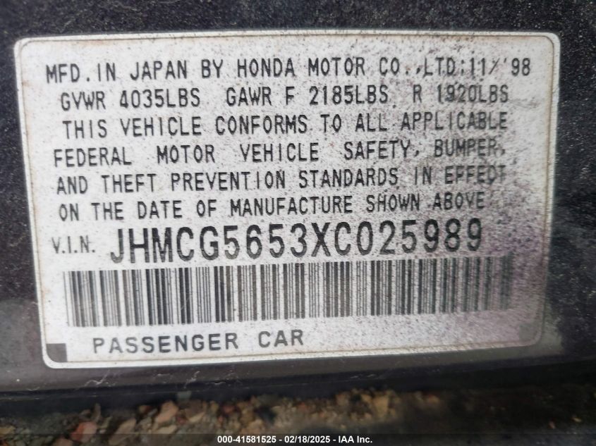 1999 Honda Accord Ex VIN: JHMCG5653XC025989 Lot: 41581525