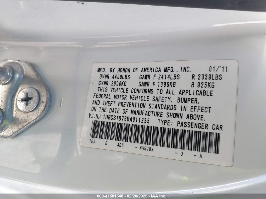 2011 Honda Accord 2.4 Ex VIN: 1HGCS1B76BA011235 Lot: 41581548
